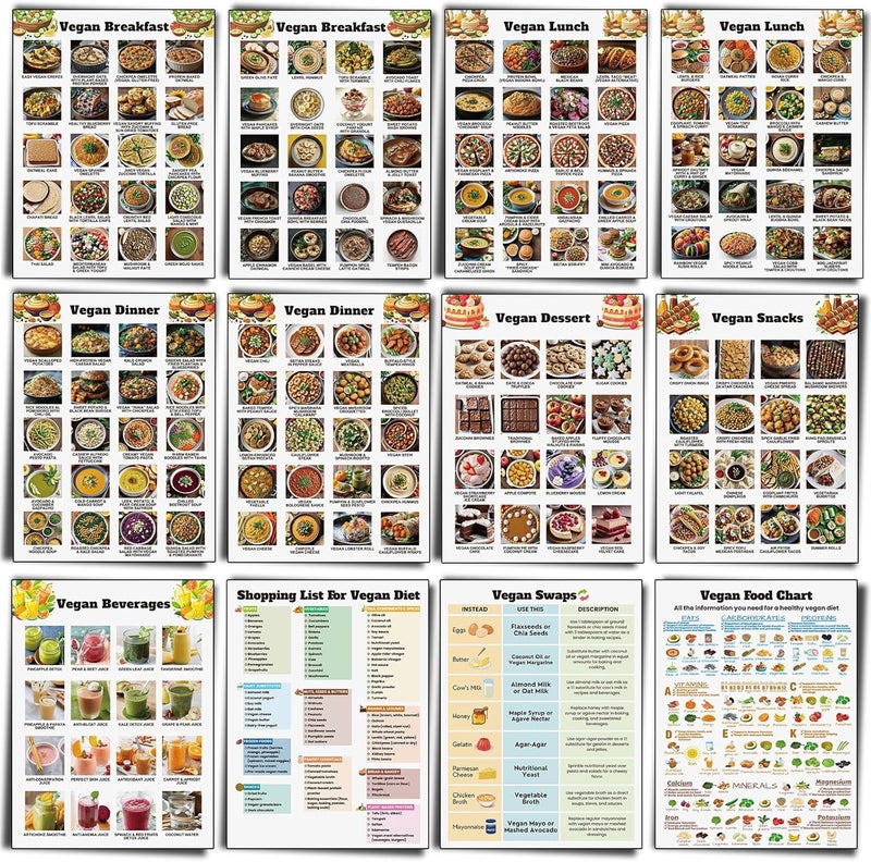 Sinload 12 Pcs Vegan Food List Poster Vegan Diet Meal Plan High Protein Veggie Food Chart, Healthy Eating Guide for Kitchen Home - Image 1